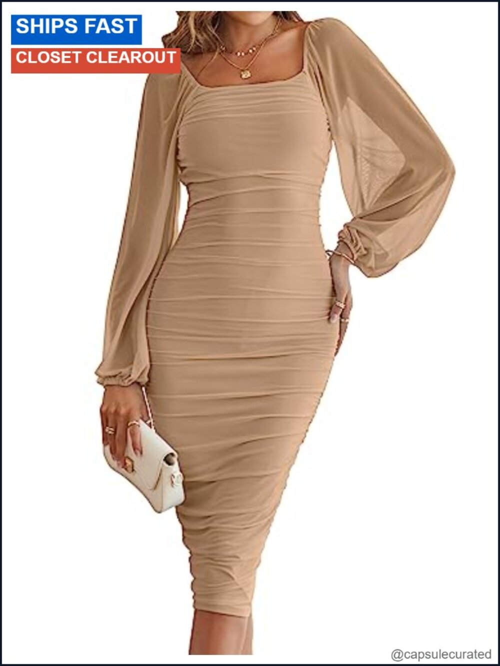 Women's Mesh Lantern Sleeve Bodycon Midi Dress Semi Formal Party